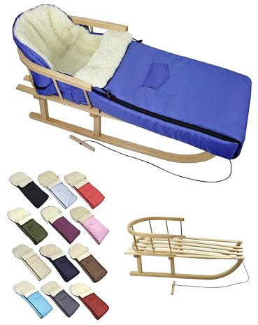 BambiniWelt Holzschlitten mit Rückenlehne & Zugseil + Winterfußsack 108 cm – warme Lammwolle, wasserabweisend – Kombi-Set für Kinderwagen & Buggy, Farbe: blau