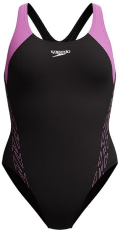 Speedo Hyperboom Racerback Badeanzug Damen schnelltrocknend dehnbar und formbeständig, Farbe:Schwarz-Violett, Größe:36
