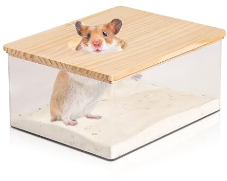 WIYETY Acryl Haustier Hamster Sandbad: Hamster Badebox, Hamster Duschraum Zubehör mit Halbabdeckung aus Massivholz, Hamster Toilette für Chinchilla, Goldene Bären, Gerbil(21x15.5x10cm)