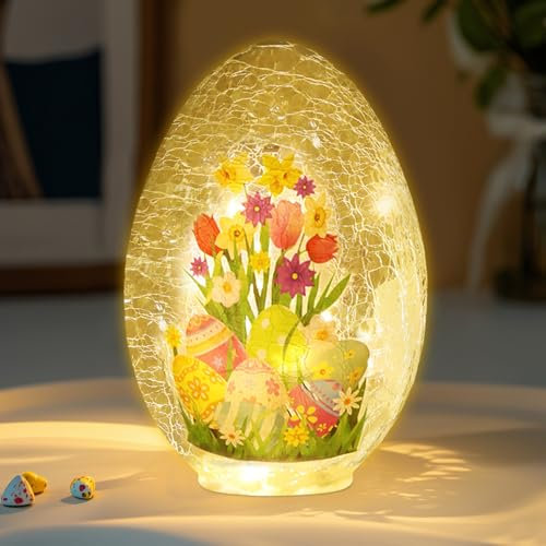 21cm LED Osterei Osterdeko Innen Tischdeko Ostern Deko Glas Oster LED Osterdeko Osterei Crackle Glas Ostereier mit LED Licht Osterbeleuchtung LED Ostereier Nachtlicht Leuchtende Osterei Lichter (A)