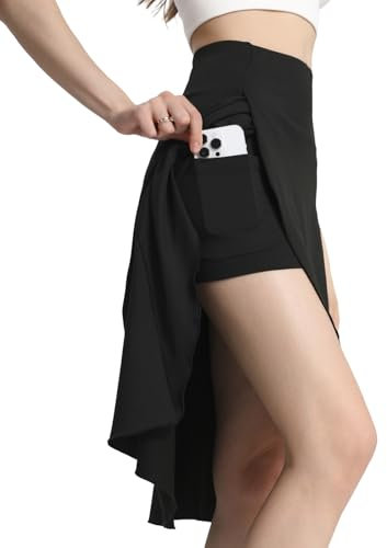 Bezioner Hosenrock Damen Sommer Midirock Tennisrock mit Hose Taschen HoherTaille Golfrock Sportrock mit Schlitz Rüschensaum Schwarz S