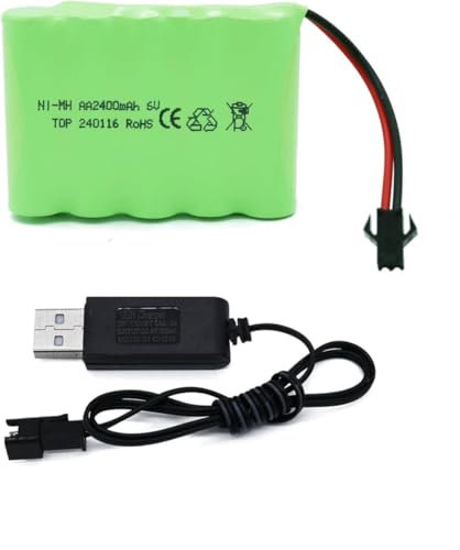 Tosiicop 6V 2400mAh NiMH Battery - RC Car Rechargeable Batteries AA with SM-2P 2 Pin Plug and USB Charge Cable for RC Truck Car Stunt Vehicles Batteries (6V 2400mAh Battery)