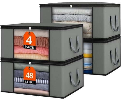 BAKAJI Set 4 Scatole Capacità 48 Litri Vestiti Salvaspazio, Contenitori Organizer Pieghevoli Exra Large Ideale Camera da Letto, Armadio, Finestra Frontale Trasparente Manici Rinforzati 50 x 35 x 28 cm