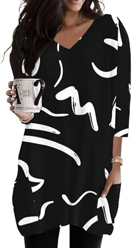 Poetsky Black Women's Peasant Dress Shirts for Work Tunics to Wear with Leggings Elbow Sleeve Western Ethnic Blouses and Tops with Pockets Boho Clothes 2025