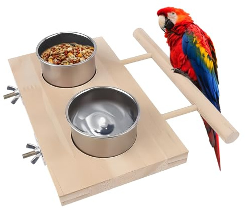 Pamtns Vogelfütterungsschale Vogelfutter Edelstahl Tassen Holz Sitzstange Stand Futterbecher für Papageien mit Stand Vogelnapf Futter Schüssel Futternapf zum Einhängen Fütterung und Tränken Zubehör