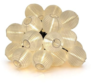 AVENDO Lampion Lichterkette Outdoor 5m – 25 Lampions, Solar, LED, warmweiß | 8 Modi, IP65 Wetterfest, Fernbedienung, reißfestes Nylon, hochwertiges Solarpanel, Lichterkette Außen für Garten, Balkon etc.
