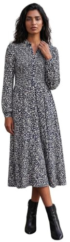 Roman Originals Shirt Dress for Women UK- Ladies Long Sleeve Belted Collared Midi Maxi Winter Autumn Smart Casual Button Through Evening Office A Line Swing Skater - Navy Floral - Size 10