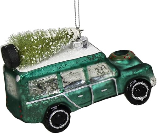 HD Collection Christbaumschmuck Glas 7,5cm - Auto mit Tannenbaum zum Aufhängen - Weihnachtsbaum Anhänger für Weihnachten - Christbaumanhänger & Weihnachtsbaumschmuck - Grün