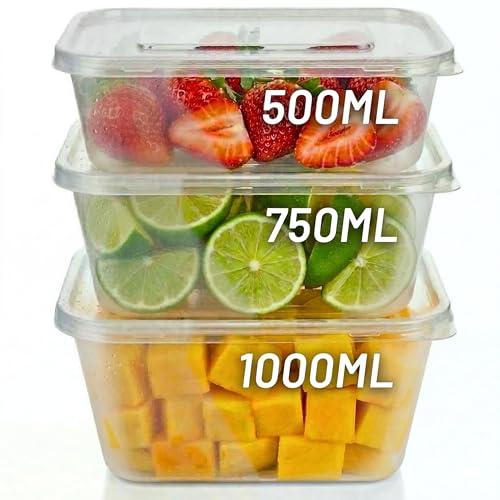 Plastic Food Containers with Lids - 500ml, 50 Pack, Easy Open Corner Tab, Leak Proof, Takeaway Food Storage Meal Prep Container Reusable Tupperware Set, Microwave, Freezer, Dishwasher Safe Boxes