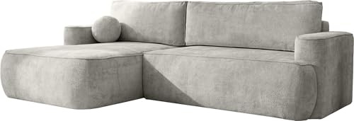 Ecksofa mit Schlaffunktion & Bettkasten – Skandi Schlafsofa in L-Form – 4-Sitzer Eckcouch, Freistehend – Liegefläche 220 × 140 cm – Rückenkissen & Zierkissen inkl. – Chenille Hellgrau – Links