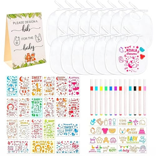 Baby Lätzchen zum Bemalen,14 Lätzchen aus Baumwolle Doppelseitig,12 Textilstiften und 28 Zeichenvorlagen,Parteischild,Wasserdichtes Lätzchen, für Babyparty spiele Babyshower Gender Reveal Geschenk