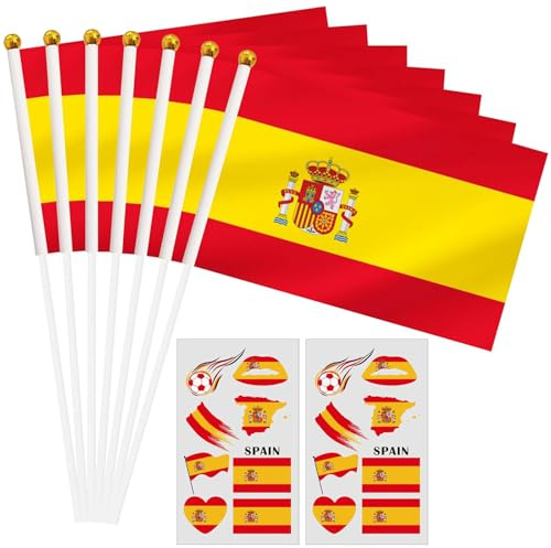 Pack de 10 Banderas de España de Mano con 2 Tatuajes Temporales, Mini Banderas Españolas con Mástil para Eventos Deportivos, Fútbol, Fiesta Nacional y Decoración de Celebraciones