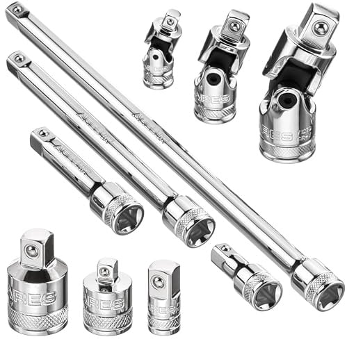 ARES 71270-10-teiliges Steckschlüssel-Zubehör-Set - Premium Chrom-Vanadium-Stahl mit Spiegelglanz-Finish - inkl. Stecknuss-Adapter, Verlängerungen und Universalgelenke