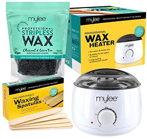 Mylee Professional Waxing Kit with Wax Heater, Hard Wax Beads 500g, Spatulas - Stripless Depilatory Waxing Pellets Solid Film Beans No Strip Needed (Charcoal & Green Tea)