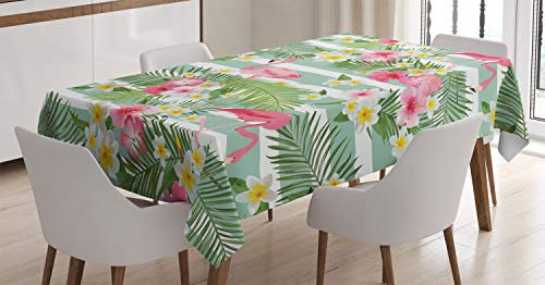 ABAKUHAUS Flamingo Tischdecke, Exotische Hawaii-Blatt, Wasserfest Waschbar mit Klar Sichtbaren Farben kein Verblassen Personalisiert, 140 x 200 cm, Grünes Rosa Weiß