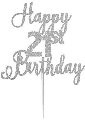 LissieLou Happy 21st Birthday Cake Topper in Pretty Glitter Card, Made in the UK - Silver