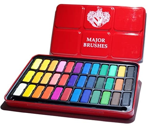 Major Brushes Artist Watercolour Paint Tin 36 Blocks Red Metal Lid