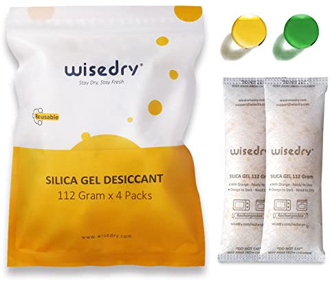 wisedry Silica Gel Sachets Packs 112 Gram [4 Packs] for Larger Container Desiccant Bags with Orange Indicating Beads for 3D Printer Filament Gun Safe Camera Electronics Equipment Food Grade