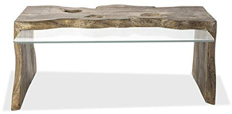Rikmani - Möbel Designer Tisch/Couchtisch aus Holz Massivholz mit Glas Rechteckig Grau Ghost (Variante 2)