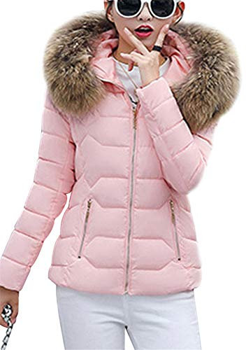 YMING Femmes Hiver avec fourrure Casual Slim Veste Doudoune chaude Hoodied Vêtements d'extérieur Rose L