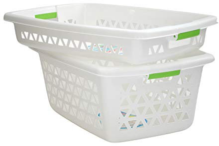 Domplex Conjunto Rectangular Mediana, A10. Set de 1 Cesta 1 Bandeja para Ropa Planchada, Plástico Polipropileno, Resistente y Duradero, Color, Alas Verdes, Blanco, Medio