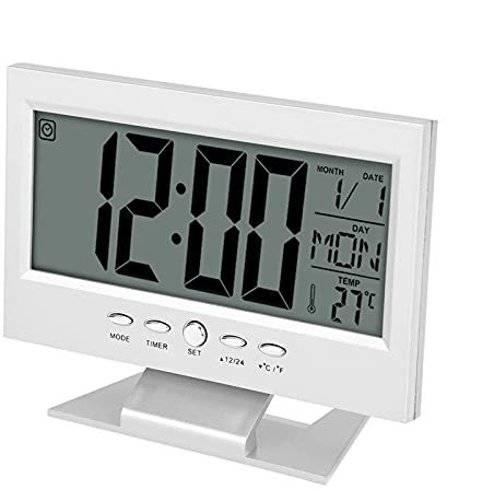 Digitaler Nachttischwecker, intelligenter Soundsensor mit Temperatur, Tischuhr mit LCD-Display und Kalender und Temperaturanzeige für das Schlafzimmer zu Hause (Silber)