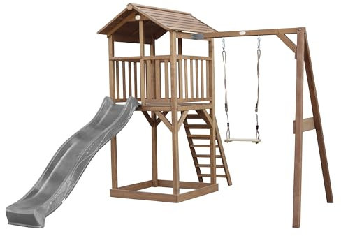 AXI Beach Tower parco giochi in legno in marrone | Torre di gioco con sabbiera, altalena e scivolo grigio | Casa per bambini su palafitte per il giardino