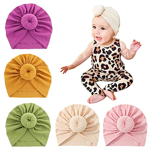 MoonSing Baby Turban Hüte, Neugeborene Mütze Super Weich Baumwolle Elastische Nette Kleinkind Stirnbänder 3-24 Monat Mädchen Brötchen Knoten Stirnband Beanie Caps (5 Stück)