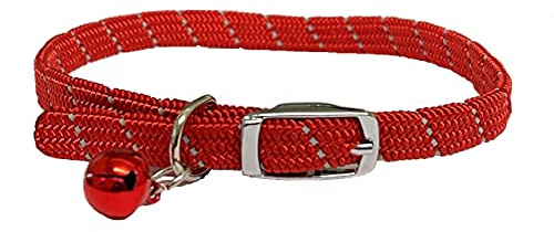 Reflektierendes Halsband für Katzen/Kätzchen, weiches Gewebe, mit Sicherheitsgummi und Glöckchen mit Sicherheitsverschluss, Rot