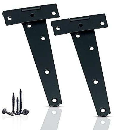 Garden Gate Hinges for Wooden Shed - 6 Inch 2Pcs Weather & Rustproof Powder Coating Metal Tee Strap Black Door Hinges for Garden Shed, Window, Fence, and Barn Gates
