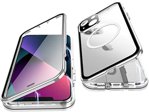 Jonwelsy Hülle für iPhone 13, 360 Grad Beidseitig Schutz Kompatibel mit Magsafe Magnetische Adsorption Metallrahmen Case Vorne Glas Hinten Frosted PC Cover Handyhülle für iPhone 13 6,1 (Silber)