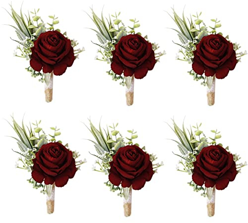 Ansofi Set of 6 Wine Red Boutonniere for Best Men Groom Groomsmen Burgundy Buttonholes for Wedding Party Prom Decoration