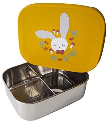 kikadu Brotdose Hase Senfgelb - Kindergeschirr, BPA-frei, 18/8 Edelstahl, mit niedlichen Aufdrucken, Maße 17x13x5,5cm