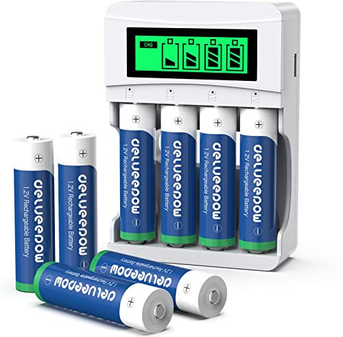 Delyeepow 8 x AA Rechargeable Batteries 1.2V NiMh with LCD Smart Battery Charger,Rechargeable AA Batteries 3300mAh,1200 Cycles,Battery and Charger Set