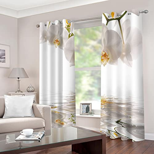 MYPALL Vorhang Blickdicht mit Ösen Weiß & Orchideen 2X B140x H245cm 3D Verdunkelungsvorhang 2er Set Gardine Polyester für Schlafzimmer Kinderzimmer Wohnzimmer Dekoration