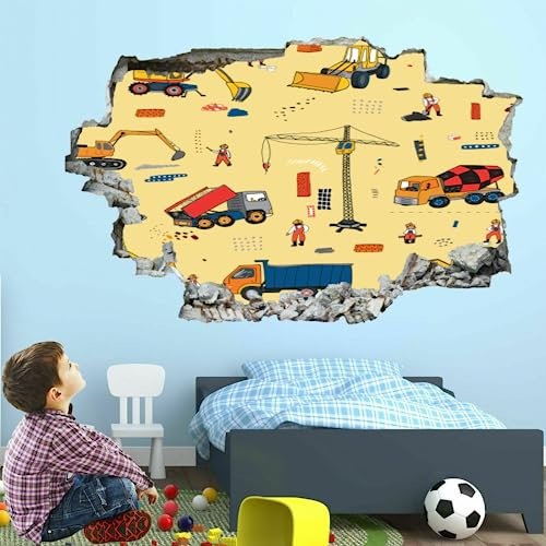 Wandtattoos, Kunst, 3D-zerschlagenes Cartoon-Auto, abnehmbare Wandaufkleber, Baumaschinen-Wandbild, Schlafzimmer, selbstklebendes Vinyl für Mädchen, Kinder, Schlafzimmer, Heimdekoration, Geschenk