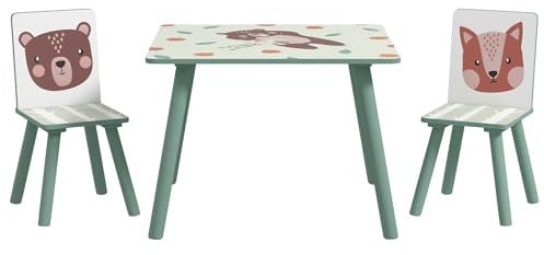 ZONEKIZ Mesa y Sillas Infantiles de 3 Piezas Mesa Infantil con 2 Sillas Juego de Muebles para Actividades para Niños de 3-8 Años para Dormitorio Sala de Juegos Verde y Blanco