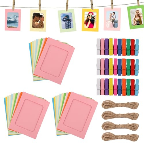 VIDETOL 80 Stück Fotogirlande Fotoleine, 10 x 15 cm Bilderrahmen Pappe, Bunt Fotoleine mit Klammern und Hanfseil für Foto, DIY-Projekte, Partydekoration