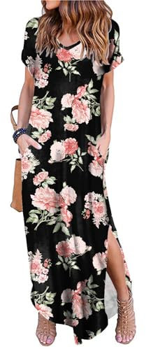 Arolina Robe longue d'été décontractée à manches courtes et col en V pour femme avec poches, Fleur rose clair, Taille S
