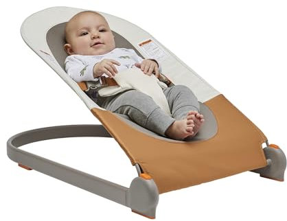 Boon Schräge tragbare Babywippe – zusammenklappbarer Babysitz für Säuglinge – leichter tragbarer Babystuhl mit maschinenwaschbarem Stoff und 3-Punkt-Gurt – Hellbraun