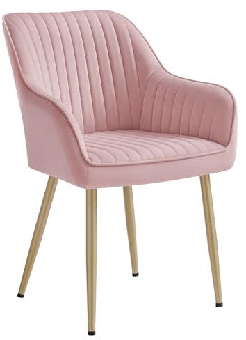 SONGMICS Esszimmerstuhl, Küchenstuhl, Sessel, Samt, Polsterstuhl mit Armlehnen, Loungesessel, bis 120 kg belastbar, Metallbeine, für Esszimmer, Küche, pastellrosa-blassgold LDC087R01