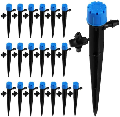 VooGenzek 20 PCS 360 Degree Adjustable Irrigation Dripper Sprinkler, Micro 8-Hole Stake Emitter Dripper for 4/7 mm Garden Hose Irrigation System, Water Flow Stake Emitter, Blue (with Connector)