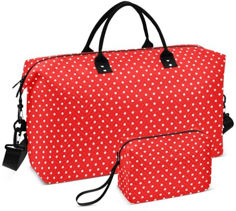 Reisetasche mit weißen Punkten auf rotem Hintergrund, Handgepäcktasche und Gepäck, mit Kulturbeutel, Sporttasche, Trainingstasche für Sportausflüge, wasserdicht, Weiße Punkte auf rotem Hintergrund, 1