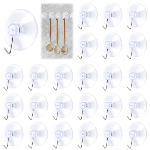 24 Stück Saugnäpfe mit Haken, Transparente Saugnapf Haken 40mm, Kleine Saugnäpfe für Fenster Ohne Bohren, Wandhaken mit Saugnapf, Saughaken Extra Stark für Bäder, Küchen, Fliesen, Glas, Fenster