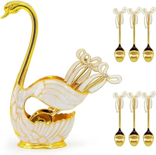 Set di 6 cucchiai da caffè, posate da dessert con supporto decorativo Swan Bottom Holder, cucchiaino da tè in acciaio inox a forma di cigno per caffè/dessert/cucchiai da gelato/torta (bianco oro)