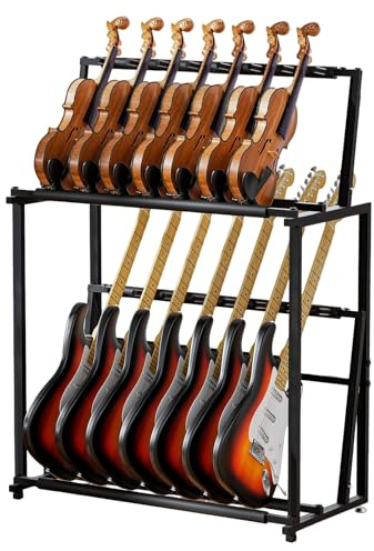 Multi-Gitarrenständer, zusammenklappbar, für 14 Stehböden, mehrere Gitarren, verstellbarer Gitarren-Aufbewahrungshalter mit weichem Schwamm, Metall-Gitarren-Display, abnehmbar in zwei separate