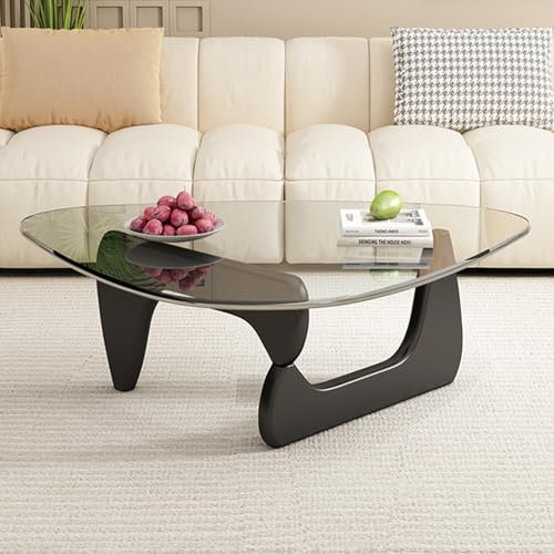 Couchtisch aus Glas Dreieckiger, Vintage-Beistelltisch aus schwarzem Glas, Tischplatte aus massivem Holz, moderner Beistelltisch für Wohnzimmer,Black Legs+c,91×65×40cm