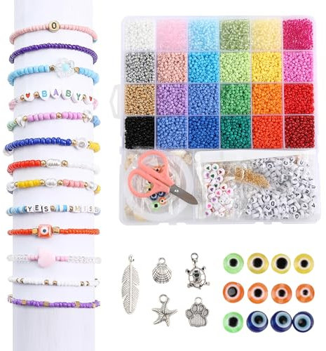 Wenrescry Kit de Perles pour Bracelet, 24 Couleurs, 7800 Perles de Verre, Lettres en Perles et Accessoires pour la Création de Bijoux
