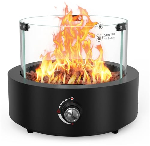 Onlyfire Gas Heizstrahler Outdoor Gas Feuerstelle Terrassenfeuer, 6,74KWv | Rund Propan Feuertisch mit Hinterem Lufteinlass, Glaswindschutz, Lavastein, für Terrasse Garten und Balkon, Schwarz