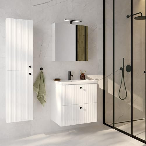 Lomadox Badmöbel Set Spiegelschrank mit LED Beleuchtung Hochschrank Waschtisch Unterschrank weiß Hochglanz Keramik Waschbecken